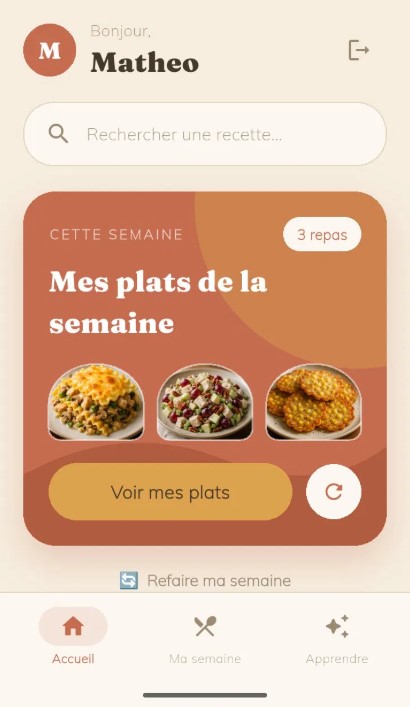 Écran d'accueil de l'app de cuisine anti-gaspi Mijoo : barre de recherche et carte « Mes plats de la semaine ».