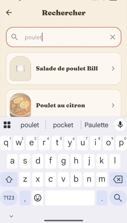 Écran de recherche de Mijoo : on saisit un ingrédient et l'appli propose des recettes à cuisiner avec.